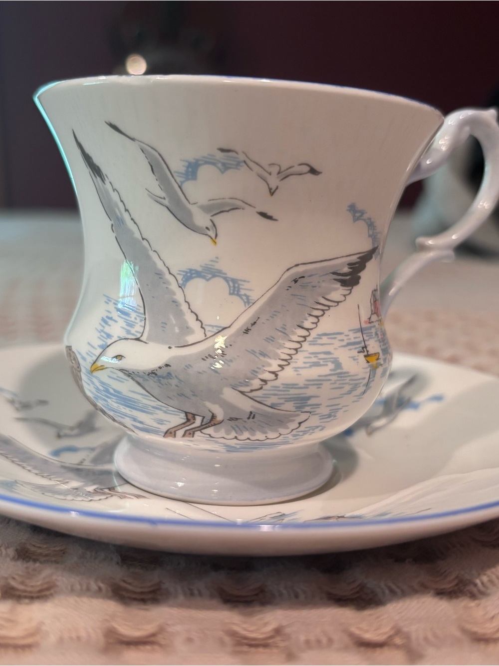 Porcelain Teacup and Saucer with Seagull Motif - White and Blue